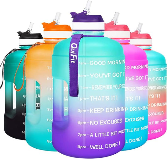 QuiFit Motivational Gallon Water Bottle - with Straw & Time Marker BPA Free Large Reusable Sport Water Jug with Handle for Fitness Outdoor Enthusiasts Leak-Proof