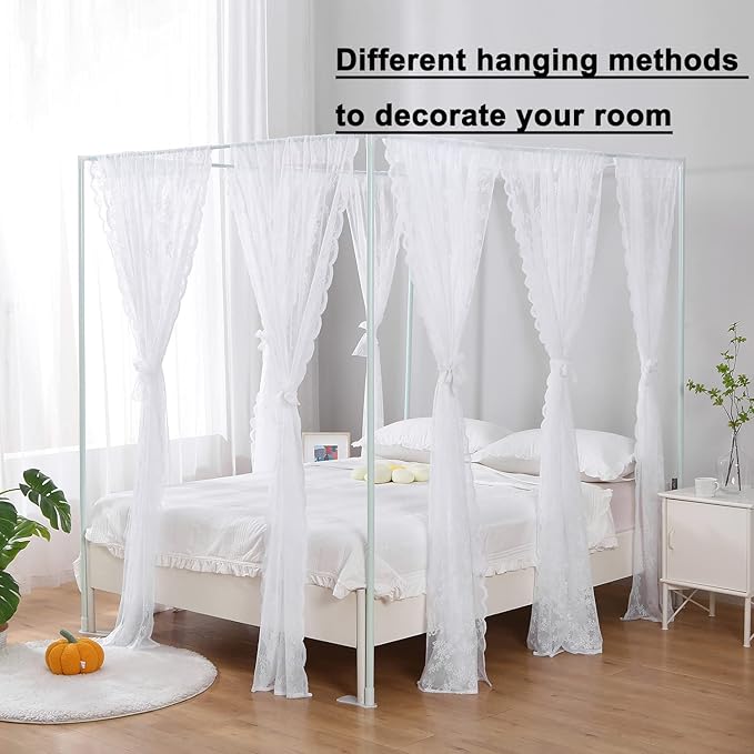 Lace Canopy Bed Curtain Queen, Soft Bed Canopy Scarf for Girls Adults (Queen, White)