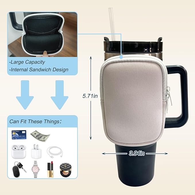 Water Bottle Pouch for Stanley Quencher Adventure 40oz & Stanley IceFlow 20oz 30oz,Tumbler Pouch with Pocket, for Keys, Wallet, Cards, Earphone,Compact, Versatile (White)