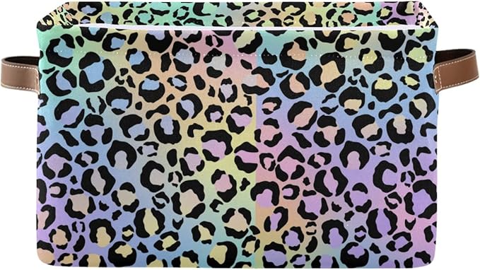 Leopard Storage Basket Fabric Storage Bin Decorative Baskets, Yellow Purple Green Foldable Storage Boxes Organizer Bag for Baby Cloth Dog Toy Book Storage Cubes Shelf Closet Basket 16×12×8 Inches