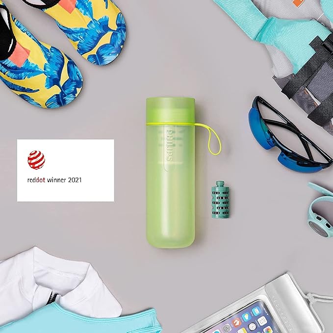 PHILIPS Water GoZero Active BPA-Free Water Bottle with River/Lake/Spring Water Filter for Hiking Camping, Sport Squeeze Water Bottle, Lightweight, Blue, 20 oz with Adventure Filter, Green