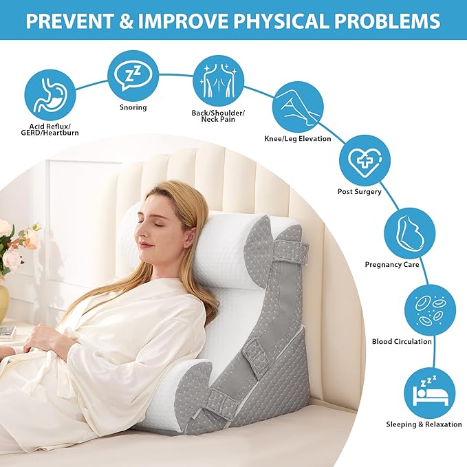 4pcs Orthopedic Bed Wedge Pillow Set, Memory Foam Post Surgery Pillow for Back, Leg Pain Relief, Adjustable Pillow Wedge for Sleeping, Bed Sitting up, Acid Reflux, GERD & Snoring, White/Grey