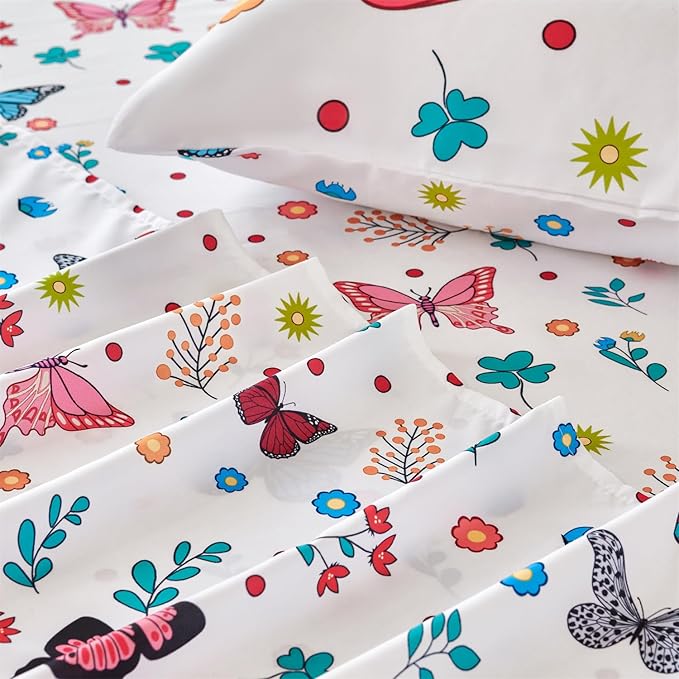 RYNGHIPY Girls Bed Sheets Full: Butterfly Sheets Set for Girls Kids Bedsheets Deep Pocket 100% Microfiber Print Sheet Pillowcase Sets (Multicolor,Full)