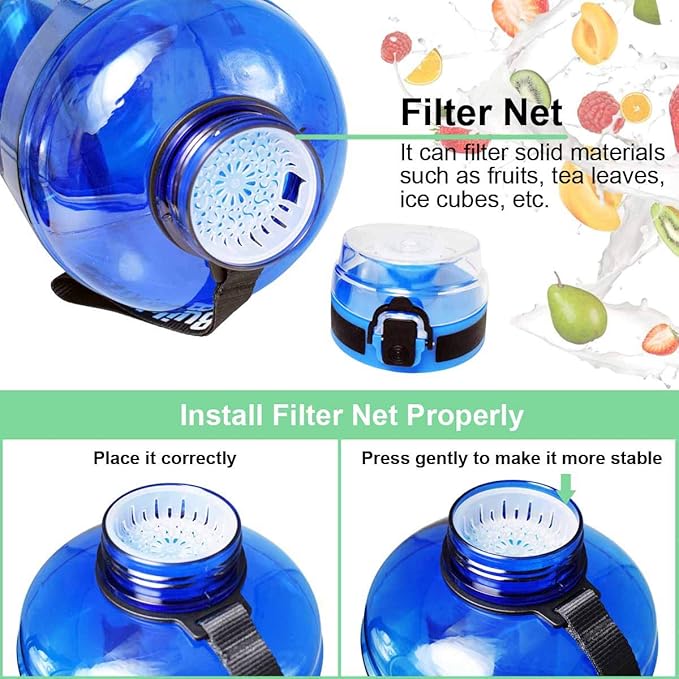 QuiFit 1 Gallon Water Bottle - 128 oz Water Bottle with Times to Drink - BPA Free Motivational Water Bottle with Infuser - Large Water Bottle - Sports Water Bottle 1 Gallon in Gym(Blue, 1 Gallon)