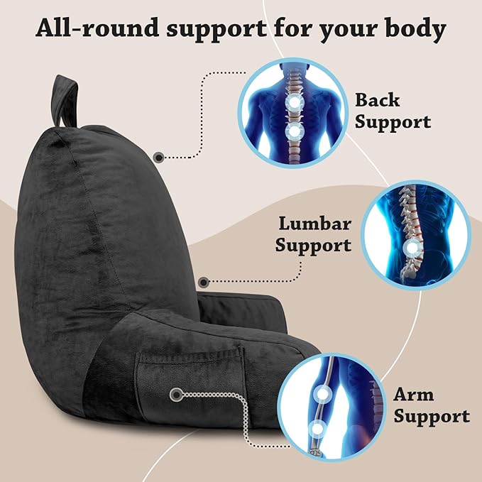 LOVTEX Reading Pillow with Removable Cover, Back Pillow for Sitting Up in Bed with Arms and Pockets, Bed Rest Pillow Adult, 20 x 15 Inches(Black)