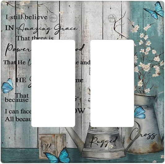 Vintage Teal Butterfly Inspirational Quotes Wood Plank 2 Gang Rocker Decora Light Switch Covers Dual Outlet Covers Wall Plate Decorative Switchplate Electrical Faceplate GFCI for Farmhouse Bedroom