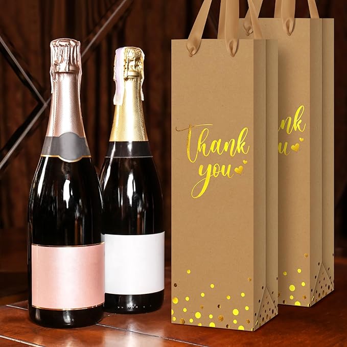 Ctosree 30 Pcs Wine Gift Bag for Wine Bottle Wedding Wine Thank You Gift Bag with Metallic Gold Foil Print Kraft Wine Paper Favor Bag with Attractive Rope Handle for Graduation Bottle(Brown)