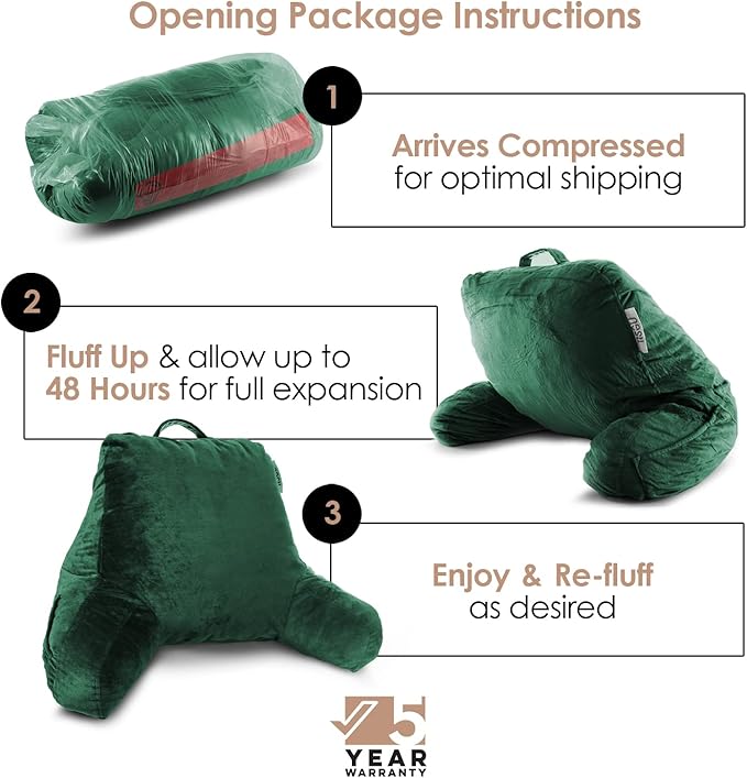 Nestl Reading Pillow Standard Bed Pillow, Back Pillow for Sitting in Bed Shredded Memory Foam Chair Pillow, Reading & Bed Rest Pillows Dark Green Back Pillow for Bed, Bed Chair Arm Pillow with Pockets