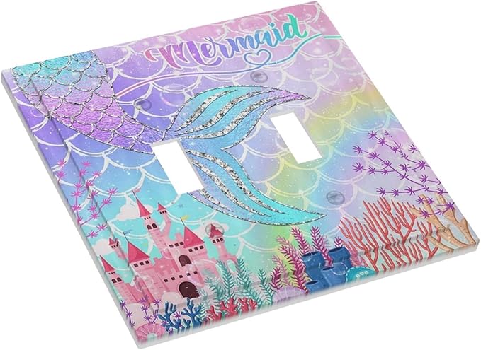 Silvery Glitter Cute Mermaid Tail Fantasy Castle Double Toggle Light Switch Covers 2 Gang Wall Plate Dual Decorative Switchplate Electrical Faceplate for Kidroom Nursery Bedroom Kitchen Decor