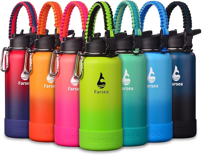 Farsea Insulated Water Bottle With Paracord Handle, Protective Silicone Boot and 2 Lids (Straw Lid & Spout Lid), Stainless Steel Water Bottle Wide Mouth, Double Wall Sweat-Proof BPA-Free, 32 oz