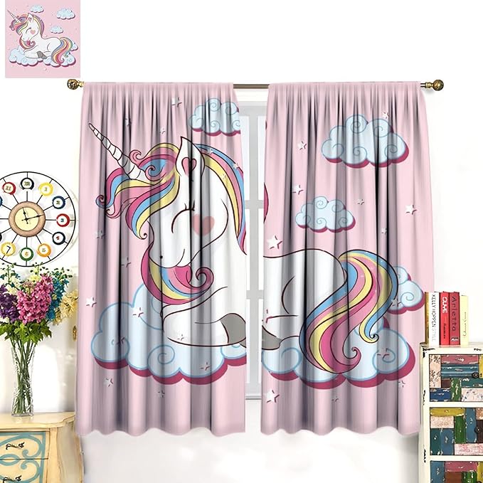 Unicorn Curtain for Kids Bedroom,Pink Cartoon Rainbow Darkening Curtains Decor Sliding Curtains Decorative Curtains for Girls Boys Baby Room,Living Room Decoration 55x63inch