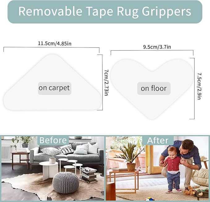 Rug Grippers for Carpet, 16 Pairs Double Sided Carpet Tape Keep Corners Flat, Removable and Reusable Non Slip Rug Pads, Rug Tape for Area Rugs on Carpet