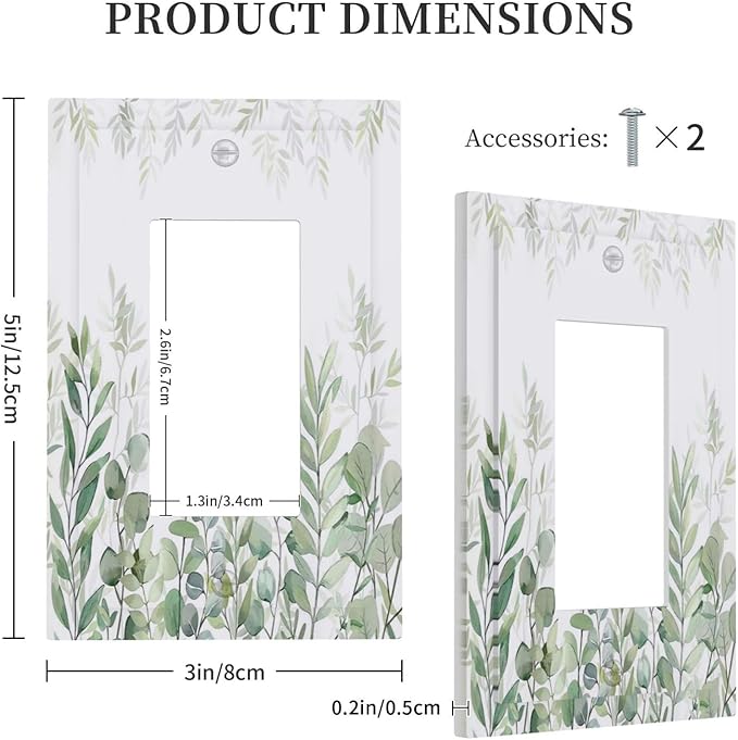 Green Eucalyptus Rustic Botanical Plant Leaves 1 Gang Rocker Boho Light Switch Covers Decorative Single Decora Outlet Wall Plate Faceplate Switchplate GFCI for Country Bedroom Bathroom Decor