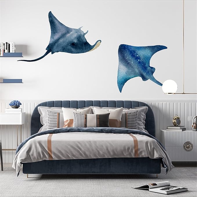 Watercolor Style Halobios Wall Decals Marine Organism Wall Sticker Art Wall Clings Removable Stickers for Nursery Kid'sroom School Livingroom Decoration Murals (Manta Ray1)