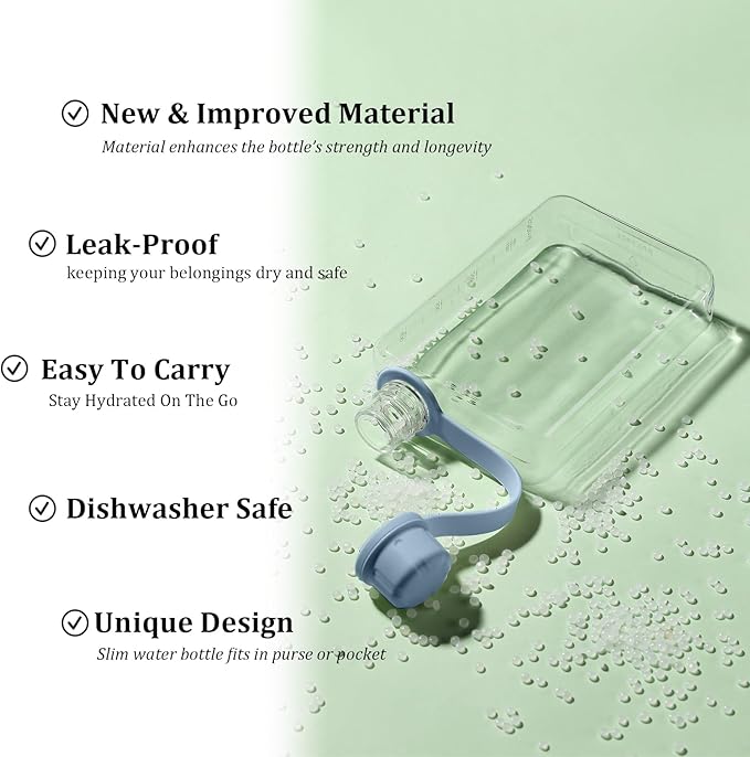 Tritan Transparent Flat Water Bottle samll Water Bottle Slim Square Pocket Bottle Water Flask, BPA Free/Slim Design/Leak Proof Water Bottle for Travel, Outdoor, Sports (Light Blue, 240ML)