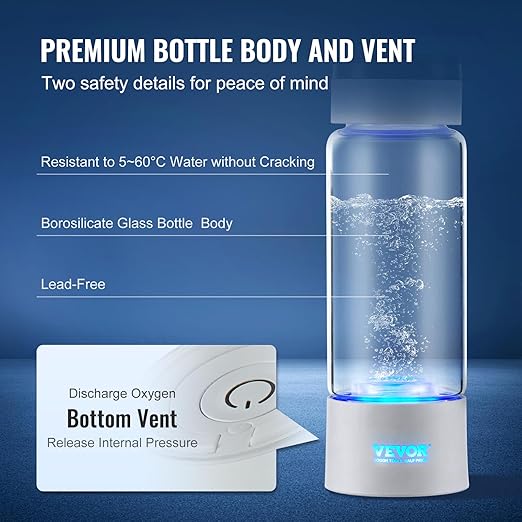 VEVOR Hydrogen Water Bottle, Hydrogen Water Bottle Generator up to 2000 ppb, 380ml Portable Hydrogen Water Machine, SPE Technology hydrogen water generator with Nasal Inhalation Tube and Self-Cleaning