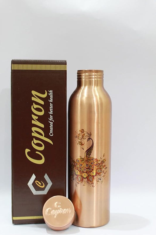 Pure Copper Water Bottle 30 oz 900 ml Leak Proof 100% Ayurvedic Copper Bottle for Drinking - Drink More Water in Peacock Print Copper Bottle