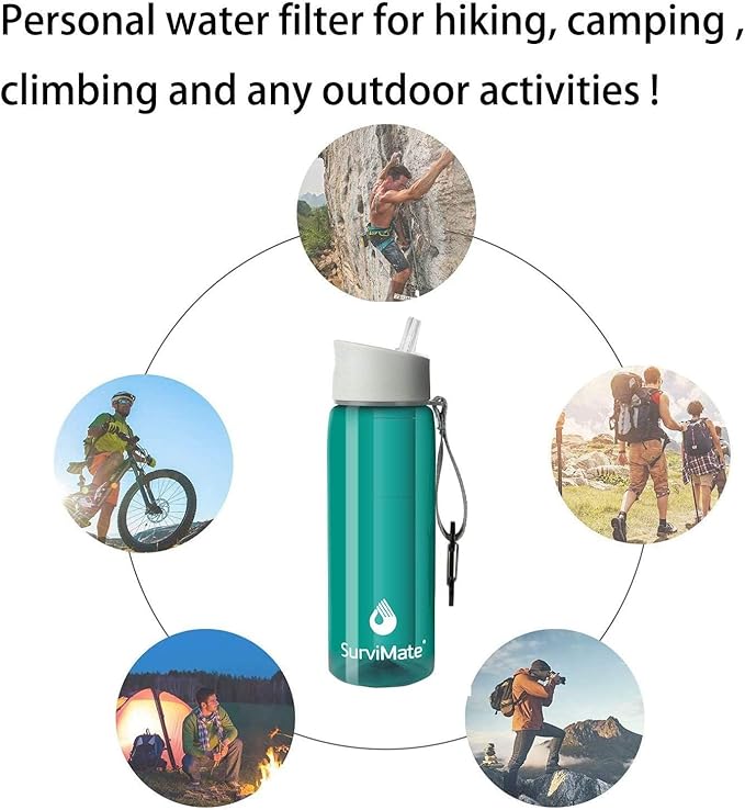 SurviMate 0.01μm Ultra-Filtration Filtered Water Bottle, Portable Water Filter Bottle with 4-Stage Filtration for Survival, Camping, Hiking, Backpacking, Drinking, Emergency