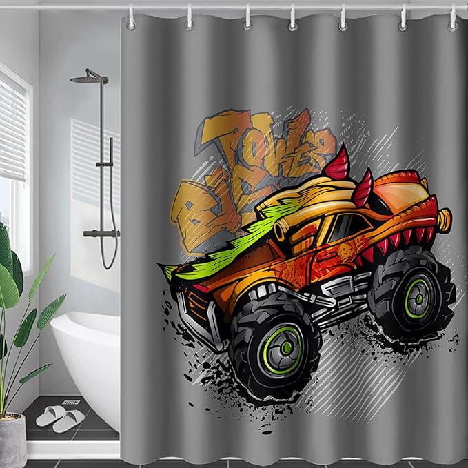 AILONEN Truck Shower Curtain for Kids Boys Teens,Red Monster Truck Bath Curtain for Bathroom Decor,Jam Truck Polyester Waterproof with 12 Plastic Hooks 48" W*72" H
