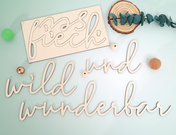 Lettering Wood Sei Frech, Wild und wunderbar - Plywood Words Sign for Decoration, Children's Room Saying Quote, Nursery Wall Art, Wooden Word Text Art (Sei Frech, Wild und wunderbar)