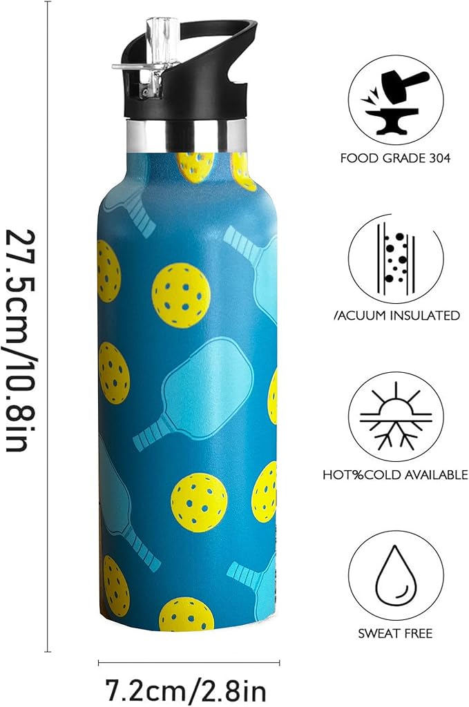 Pickleball Sport Water Bottle with Straw, Vacuum Insulated Stainless Steel Thermal Drinking Travel Mug Cups For Gym Fitness Camping-20oz/600ml
