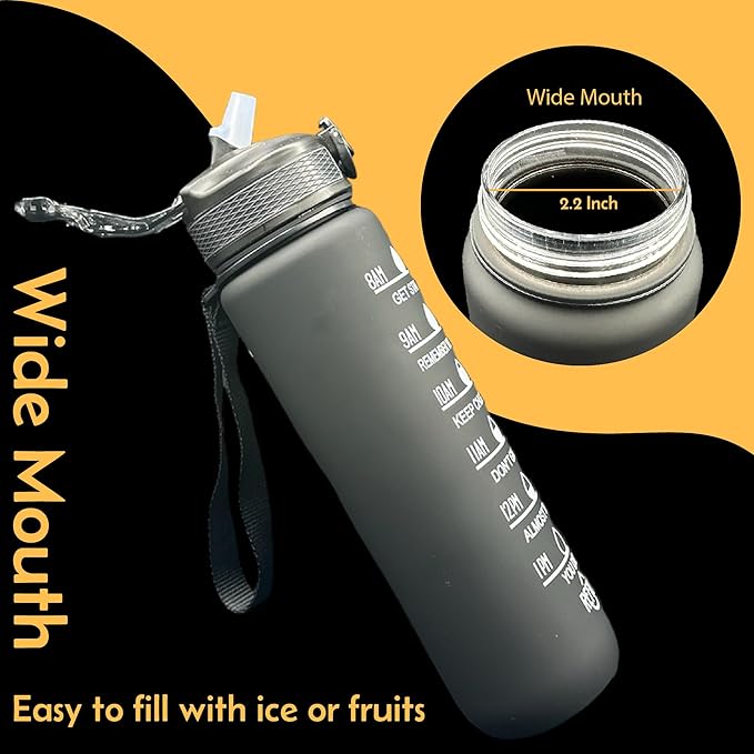 Yaa Fresh Water Bottles, 32oz Motivational Sports Water Bottle with Time Marker-Times to Drink-Tritan, BPA Free, Leakproof water bottle (1 Pack) (Black)