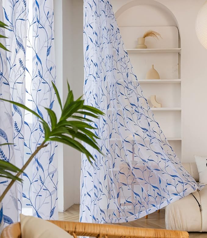 Windows Sheer Curtains Embroider Blue Leaf 90 Inches Length 2 Panels Voile Light Filtering Sheer Curtains Panel Basic Rod Pocket for Bedroom Living Room Children Room