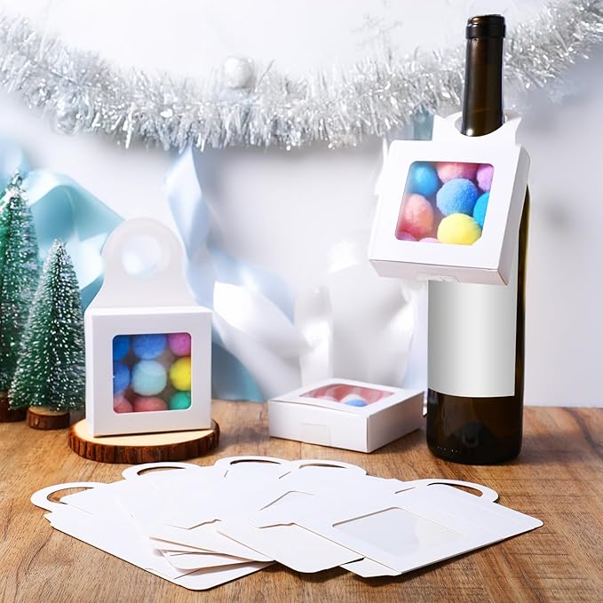Sibba Kraft Paper Wine Bottle Box 14 Pcs Hanging Foldable Gift Wine Accessory Sets Folding White Bags Reusable Package With Window Handles for Kitchen Dining Engagement Christmas Party