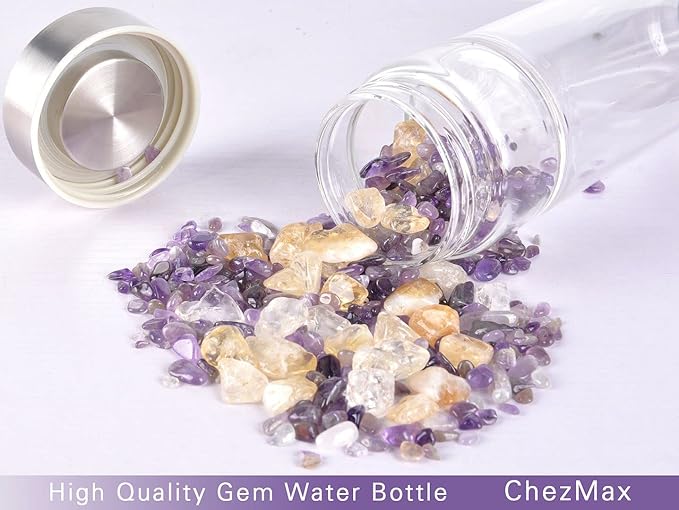 Crystal Glass Water Bottle Natural Crystal Energy Bottle with Changeable Natural Crystal Stons for Healing and Wellness Gem Elixir Infused Glass Water Bottle