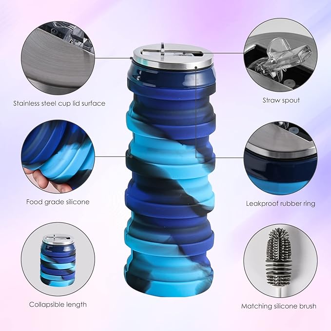 BeHeSo Collapsible Water Bottles with Silicone Brush - Straw Silicone Foldable Water Bottle Reusable Camping Cup Leak Proof Portable Travel Sport Water Bottle-500ml/17oz (Blue Camo)
