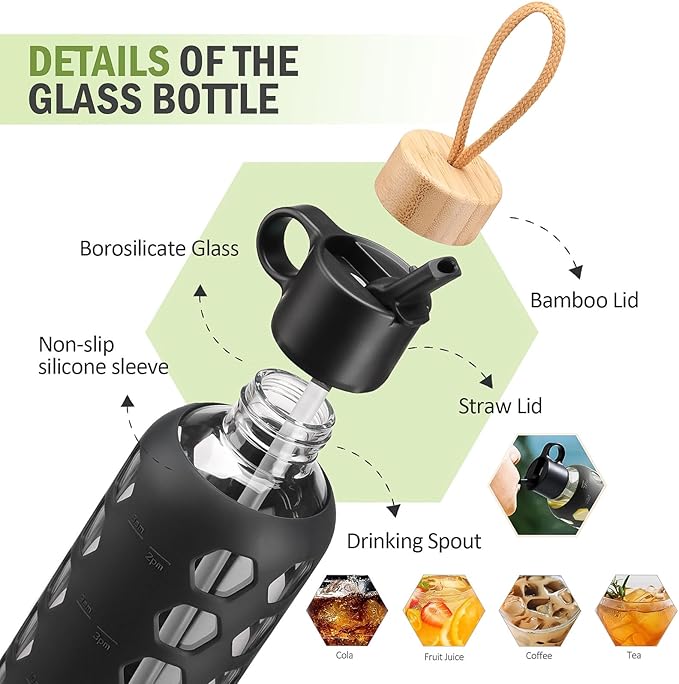 MUKOKO Glass Water Bottles, 24oz Glass Tumbler, Drinking Bottles with 2 Lids-Handle Flip Straw Lid&Bamboo Lid, Motivational Water Bottle with Time Marker and Silicone Sleeve, Leakproof-1 Pack-Black
