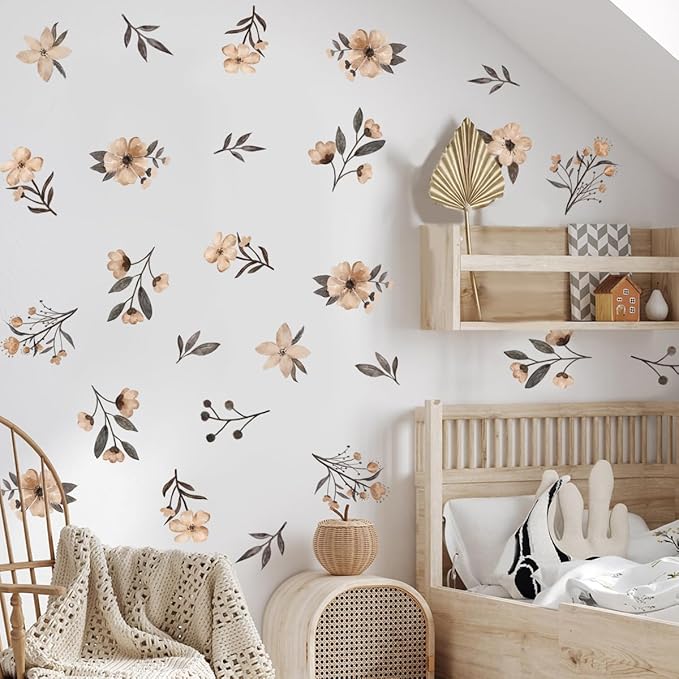 Boho Flower Wall Decals，Watercolor Flower Wall Art，Wildflower Wall Decals，Girls Bedroom Removable Wall Decals，Nursery Kids Room Decor Vinyl Murals DIY Cute Decorations (Boho Flower Wall Decals)