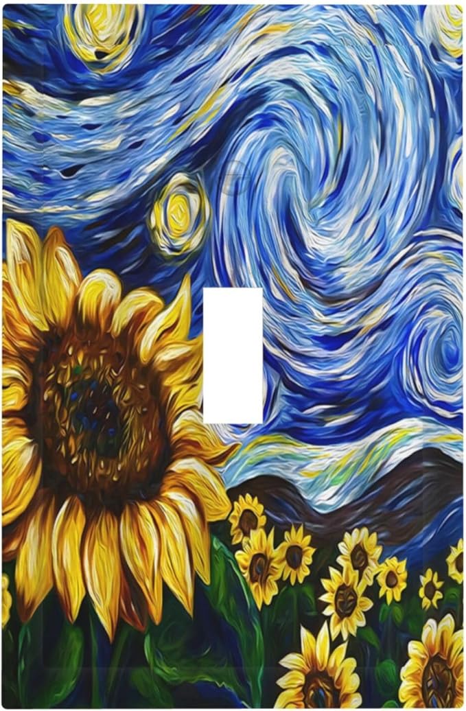 Vintage Abstract Blue Starry Sunflower 1 Gang Light Switch Covers Single Toggle Wall Plate Decorative Switchcover Electrical Switchplate for Farmhouse Country Bedroom Livingroom Decor