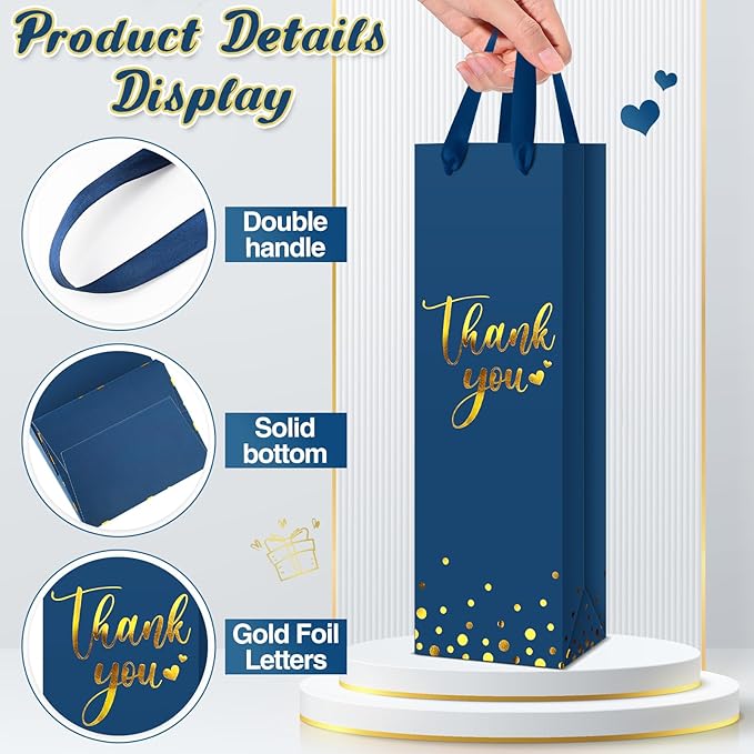Ctosree 30 Pcs Wine Gift Bag for Wine Bottle Wedding Wine Thank You Gift Bag with Metallic Gold Foil Print Kraft Wine Paper Favor Bag with Attractive Rope Handle for Graduation Bottle(Business Blue)