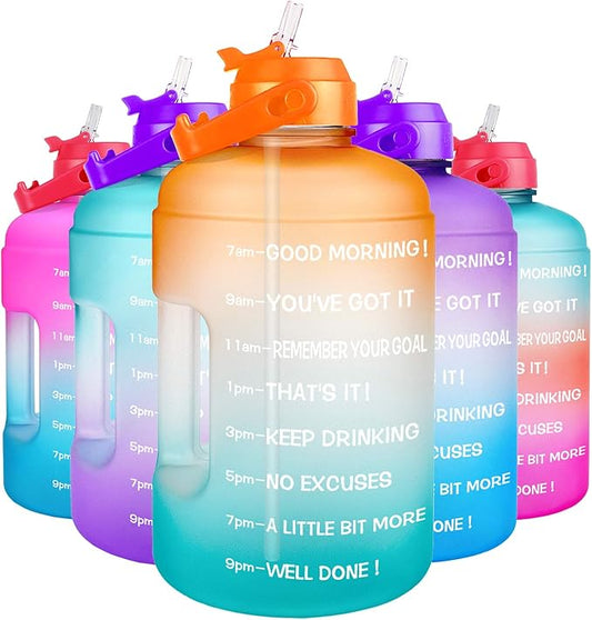 QuiFit 1 Gallon Water Bottle - with Straw & Motivational Time Marker Leak-Proof BPA Free Reusable Gym Sports Outdoor Large(128OZ) Capacity Water Jug(Orange/Green Gradient,1 Gallon)