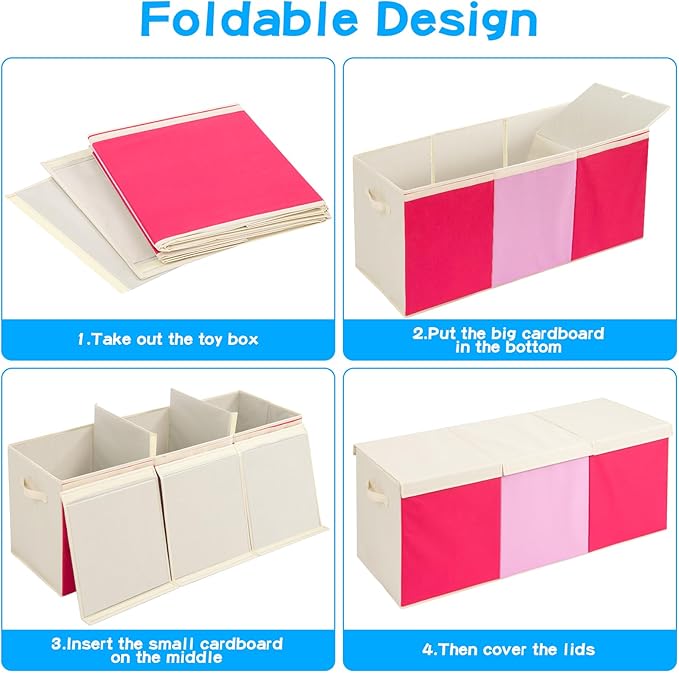 Large Toy Box Chest with Lid, Oxford Collapsible Sturdy Toy Storage Boxes Bins Baskets for Boys, Girls, Closet, Playroom, Nursery Room, 39"x15.5"x13" (Pink & Red)