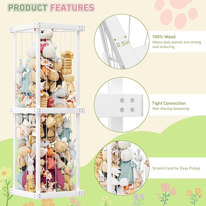 Large Stuffed Animal Storage Wood Zoo Stuffed Animal Holder Kids Toy Organizer Stuffed Animal Organizer, Plush Storage Organizer Shelf with Elastic Band for Birthday Gift