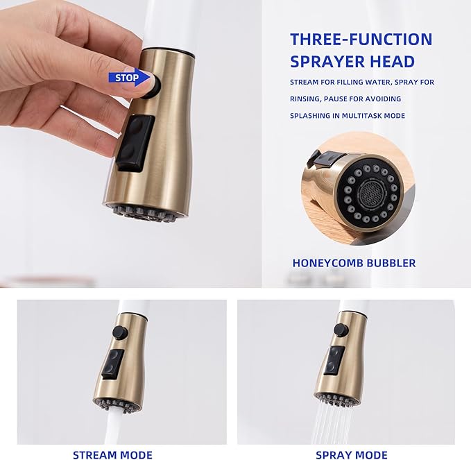 Kitchen Faucet with Soap Dispenser and Pull Down Sprayer - Stainless Steel Single Handle Kitchen Sink Faucet, 1 or 3 Hole Design for Modern Farmhouse Kitchens, Rv, and Bar Sinks (Whit and Gold)