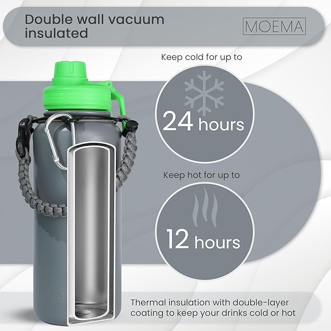 32oz Insulated Water Bottle with Paracord Handle and Straw, Stainless Steel Cup with 2 Lids & Straw, BPA-Free, Thermo Bottle Double Wall Vacuum Insulation, for Gym, Sports (Graphite)