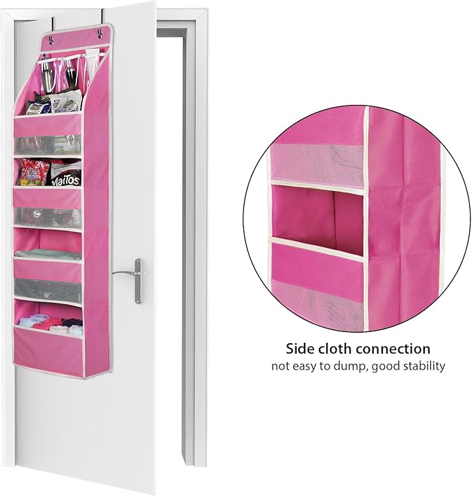 Univivi Door Hanging Organizer Nursery Over the Door Organizer Baby Storage with 4 Large Pockets and 3 Small PVC Pockets for Cosmetics, Toys and Sundries (Pink)