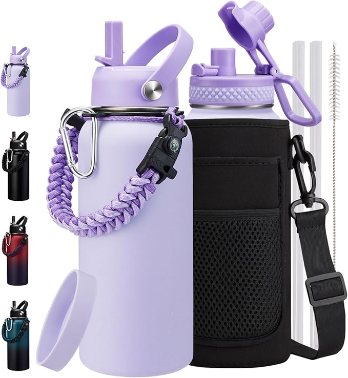 Insulated Water Bottle 32 oz - with Straw & Auto Spout Lid, Bottle Sleeve with Strap, Paracord Handle, 32oz Flask Purple Metal Water Canteen, Stainless Steel Water Jug for Sports Gym Woman Girls
