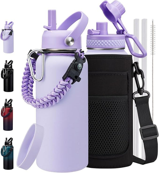 Insulated Water Bottle 32 oz - with Straw & Auto Spout Lid, Bottle Sleeve with Strap, Paracord Handle, 32oz Flask Purple Metal Water Canteen, Stainless Steel Water Jug for Sports Gym Woman Girls