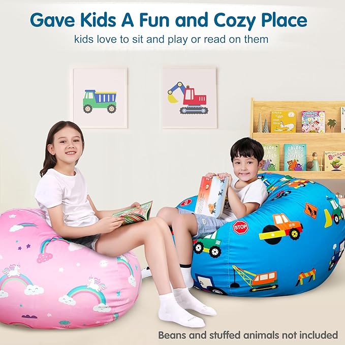 Lukeight Stuffed Animal Storage Bean Bag Chair Cover for Kids, Construction Zipper Beanbag Chair Cover for Organizing Toddler and Kids' Rooms Plush Toys (Construction Velvet, Large)