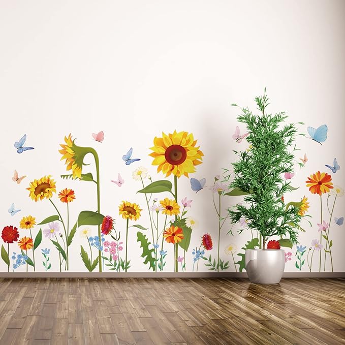 Runtoo Sunflower Butterfly Wall Stickers Garden Flower Wall Decals Bedroom Living Room Nursery Wall Decor