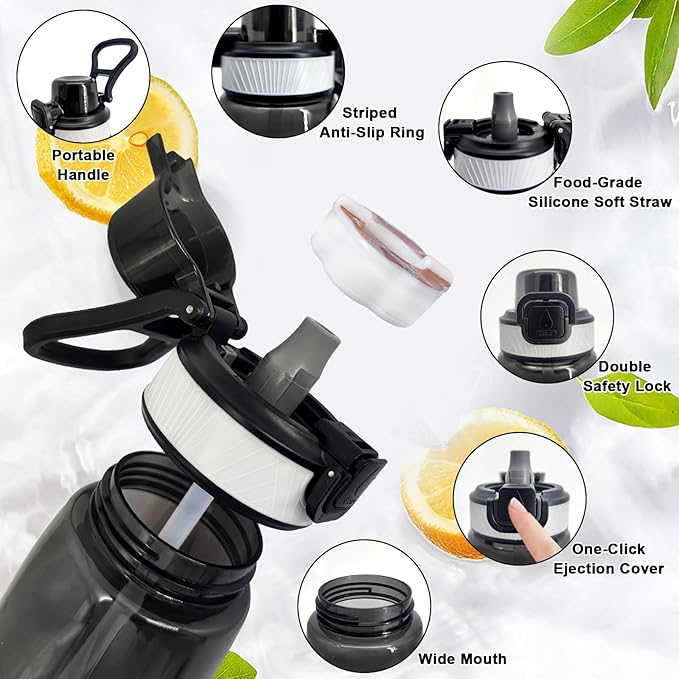 Newly Upgraded 35oz Air Water Bottle with Flavor Pods, Leak Proof Scented Water Bottle with Large Portable Handle, 0 Suger No BPA for Gym, Outdoors, Schools (Black Straight Mouth)