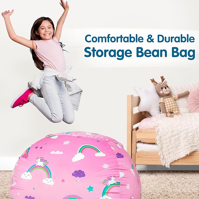 Lukeight Unicorns Stuffed Animal Storage Bean Bag Chair Cover for Kids, Unicorns Zipper Beanbag Chair Cover for Organizing Toddler and Kids' Rooms Plush Toys (Rainbow Pink, XX-Large)