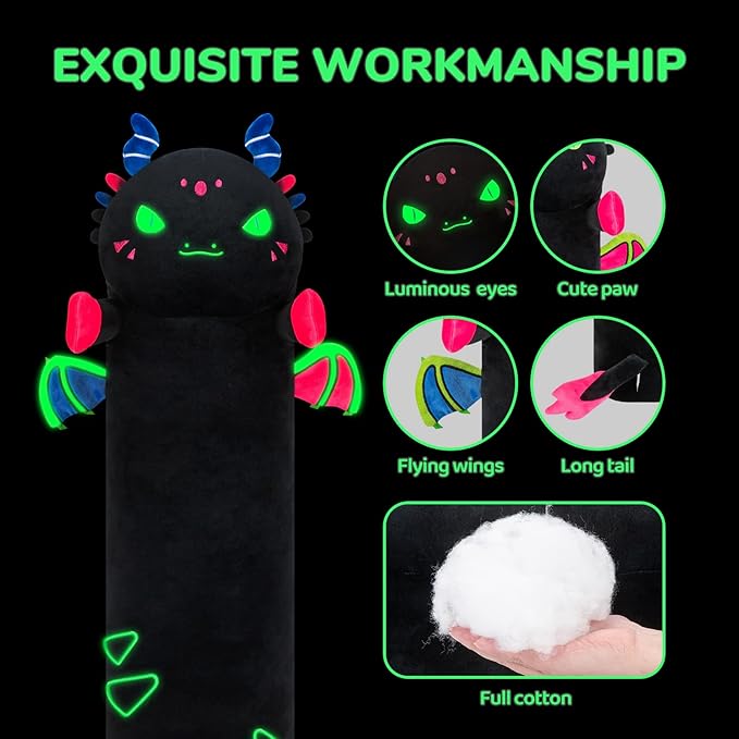 Long Dragon Plush Body Pillow, 44” Luminous Light Up Dinosaur Stuffed Animals Kawaii Night Light Plushies Pillow Glow in The Dark Gift for Girls Boys