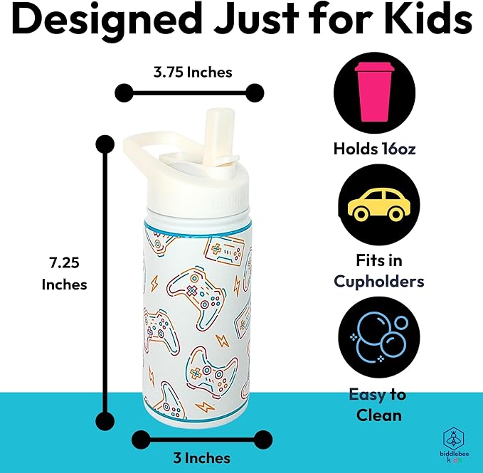 Biddlebee Kids Water Bottle with Straw Lid | 14oz Insulated Stainless Steel Reusable Bottles for School | Leak Proof Cap with Handle & Touch Free Spout | Great for Boys & Girls (Cool Gamer)