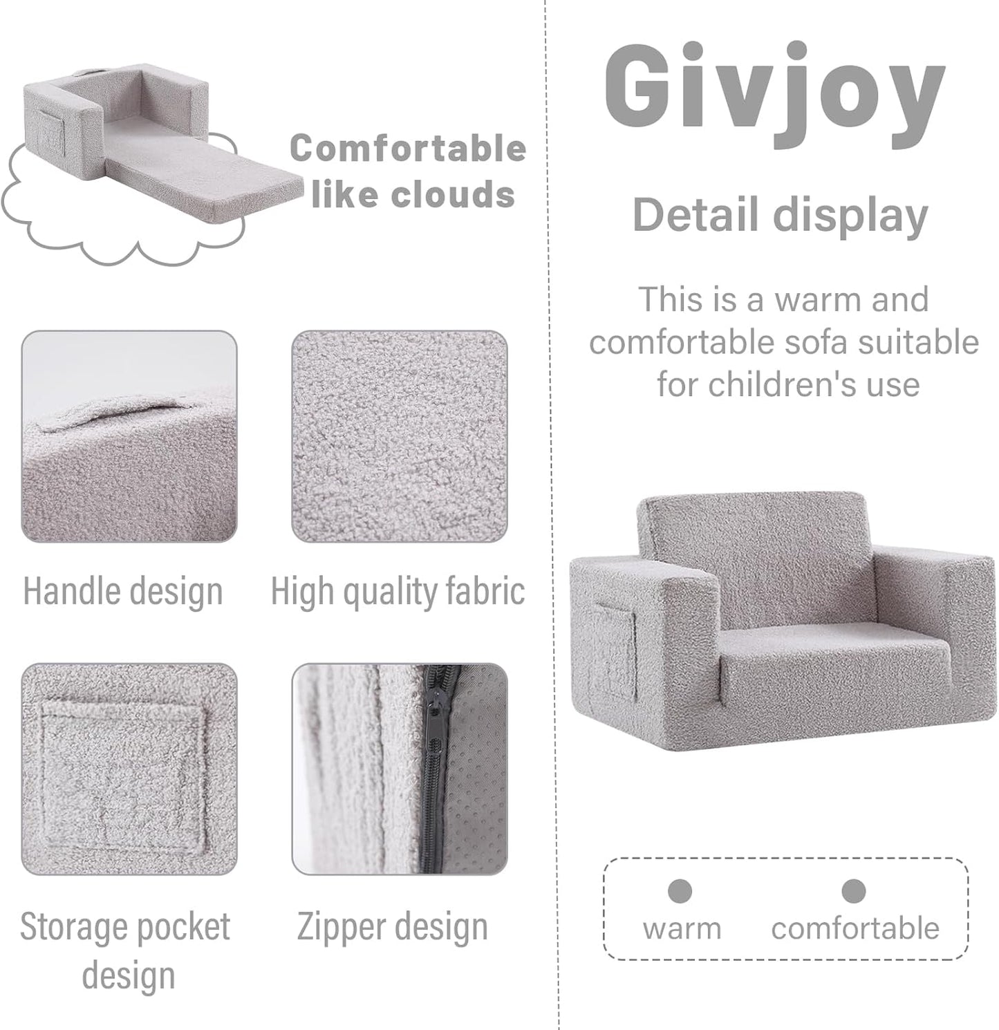 Toddler Chair Sherpa Kids Couch, 2-in-1 Toddler Soft Kids Sofa Toddler Lounger Chair for Bedroom, Convertible Toddler Couch for Girls and Boys, Reading Chair for Kids, Grey