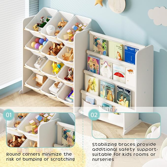 Kids Toy Storage Organizer - Toy Organizer with Kids Bookshelf, Toy Storage with 12 White Toy Bins and 4 Book Shelves, Toy Organizers and Storage for Playroom, Nursery, Kids Room, White